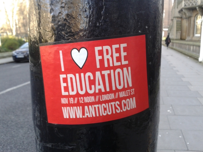A free education sticker outside of the University of London Union building in Malet Street on  17/02/15.