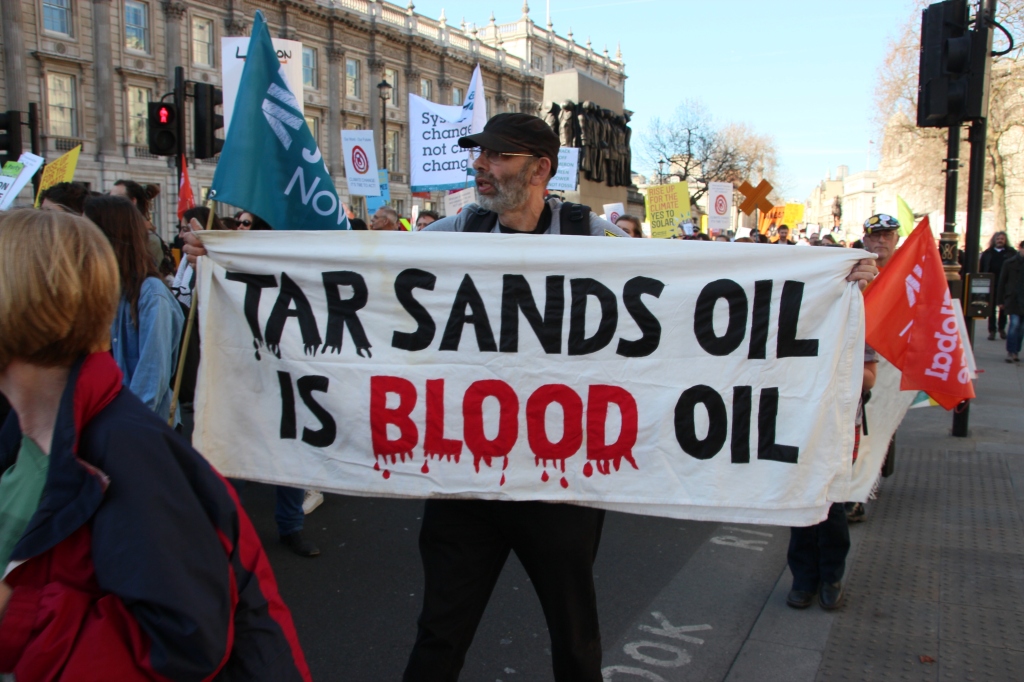 Whilst fracking was a popular topic of disdain for the marchers, this gentleman decided to focus on tar sands.  Tar sands is not a method of fossil fuel extraction that is used in the UK, but many contemporary activists take an international approach to their campaigning.  