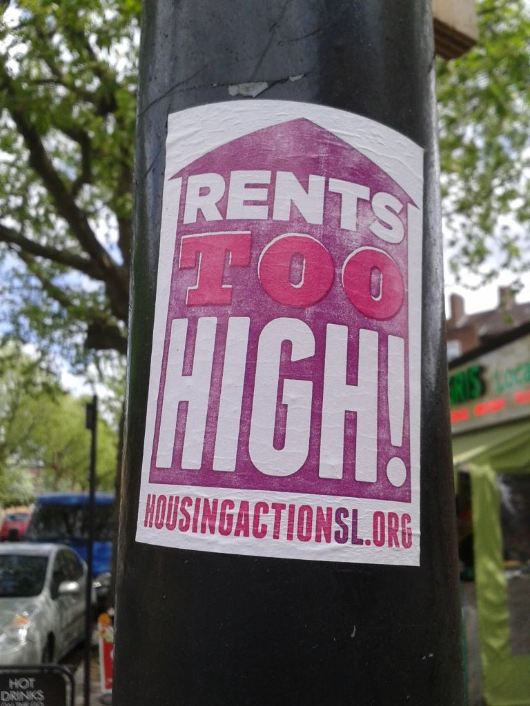 This sticker was produced by Housing Action Southwark and Lambeth, along with several others featured in this post (Flint Street, SE1, 05/05/15). 